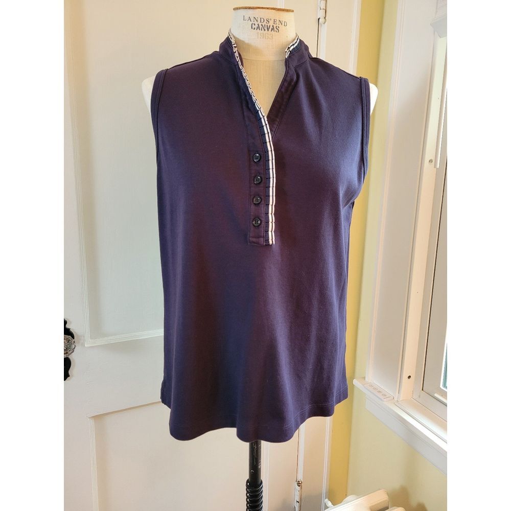 Lands End LG (14-16) Sleeveless Blue Top neckline‎ trimmed in grosgrain ribbon